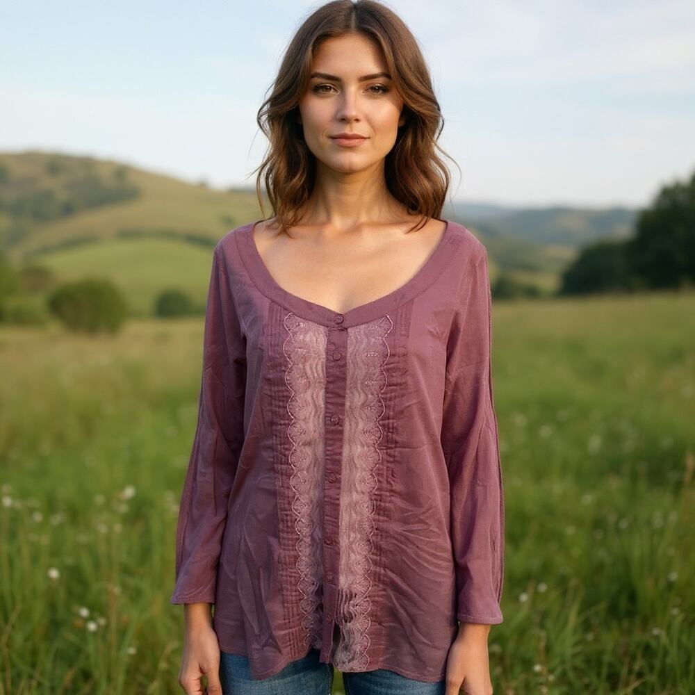 Free People Pintucked Button Top Womens Large Dusty Purple Lacy Cotton Blouse - Picture 9 of 9